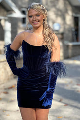 Navy Homecoming Dress Strapless Velvet Ruched Tight Short Corset Prom Dress without Gloves